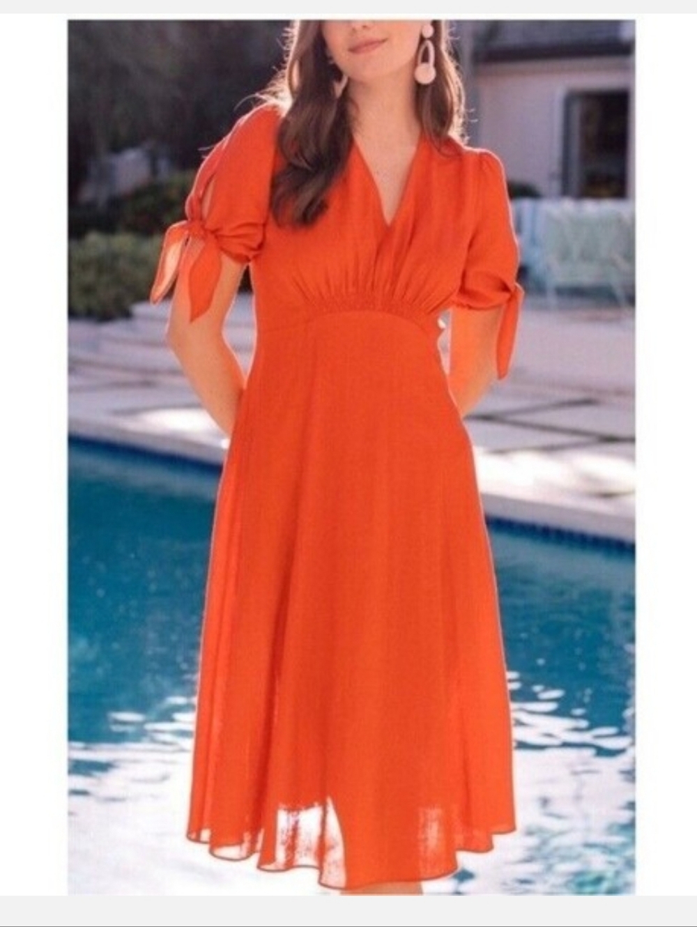 Gal Meets Glam Orange V-Neck Linen Dress with Back Zip